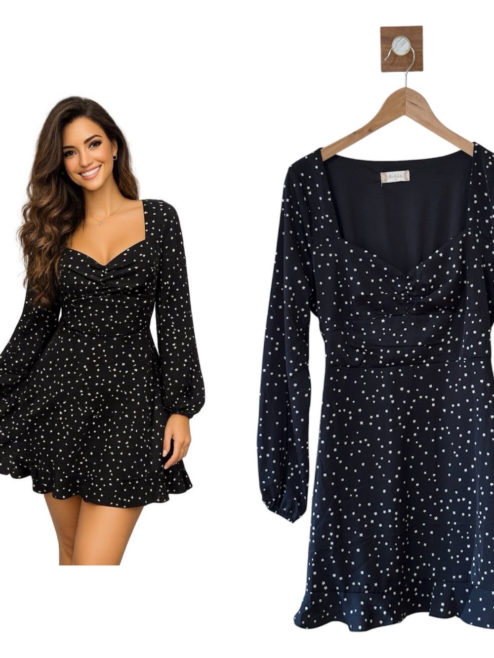 Altar'd State Black with White Stars Long-Sleeve Mini Dress Size Medium